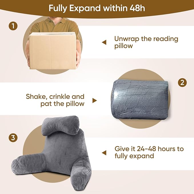 Reading Pillow for Sitting in Bed Adult, Bed Pillow with Shredded Memory Foam, 25''H Pillow with Detachable Neck Roll, Washable Cover, Back Pillow Sitting Up with Extend Arms, Gery