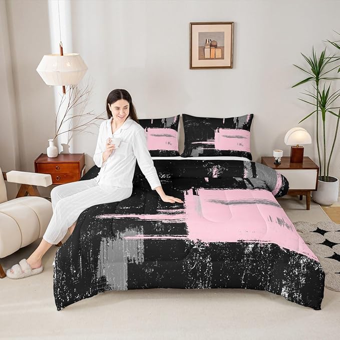 Pink Black Abstract Duvet Quilt Twin Size Geometric Bedding Set for Kids Boys Girls Decor Modern Art Comforter Set Breathable Soft Lightweight Microfiber Buffalo Check Bedroom Decor Bedclothes