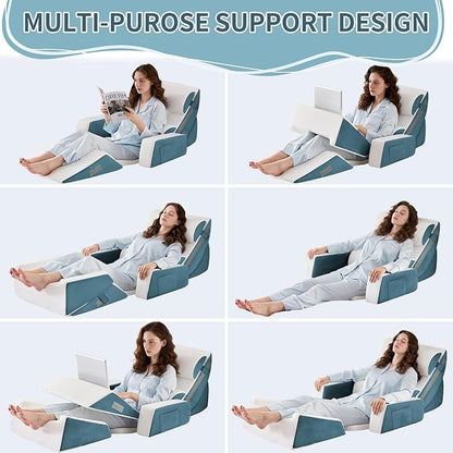 9PCS Wedge Pillow Set for After Surgery Recovery, Adjustable Memory Foam Neck Pillow, Foam Leg Pillow, Relieves Neck, Leg Pain, Sleep Apnea, and Functions as a Reading Pillow Blue