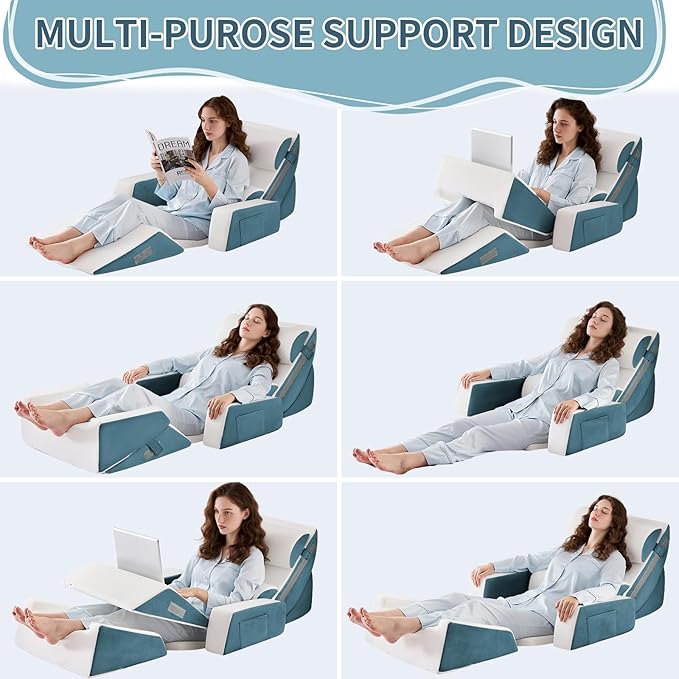 Yojoker 9PCS Orthopedic Bed Wedge Pillow Set for Sleeping, Back and Leg Pain Relief, Post Surgery Foam Pillow for Body, Triangle Adjustable Support Pillow - Acid Reflux Sleeping Pillows Navy