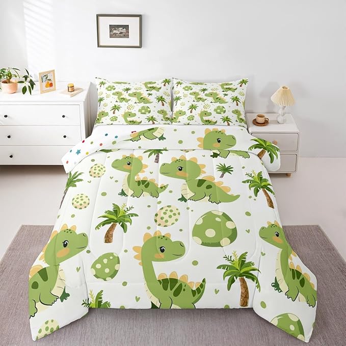 jejeloiu Cute Dinosaur Comforter Set All Season Cartoon Green Dinosaur Bedding Set with 2 Pillow Cases Animal Egg Microfiber Kids Full Bedclothes Coconut Tree Bedroom Decor Duvet Quilt Soft
