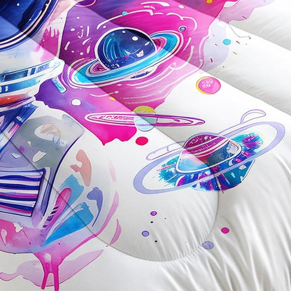 Kids Pink and Blue Astronaut Galaxy Comforter Set Twin，Outer Space Themed Twin Size Bedding Set，with 1 Comforter with 2 Pillow Case，Astronaut Bedroom Decor for Boys