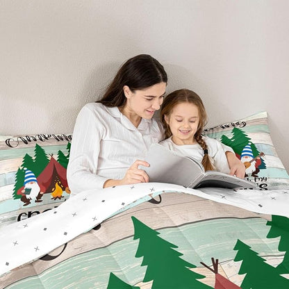 Feelyou Camper Bedding Set Queen Kids Cute Gnome Happy Camping Comforter Set for Girls Boys Cartoon Gnomies Farmhouse Comforter Soft and Cozy Quilted Set Rustic Room Decor Comforter Inner Fill