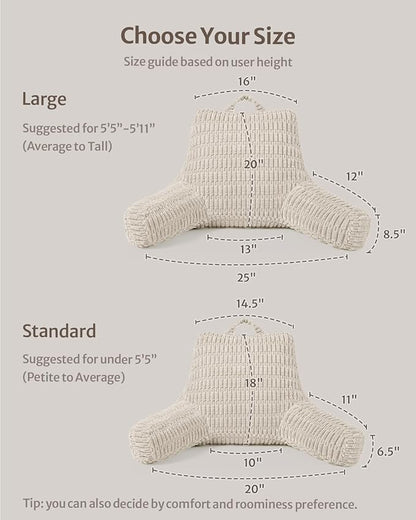 Blissful Diary Reading Pillow, Backrest Pillow with Shredded Memory Foam for Adult & Children, Designed for Bed and Couch Sitting Up, Includes Arms, Pockets and Washable Cover, Off White