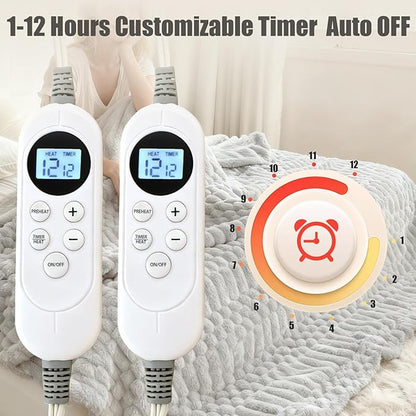 Heated Blanket King Size, 90“x100 Electric Blanket Heating with Dual Controllers, Fast Heating with 12 Heat Levels & 12 Hours Auto Off, with ETL & FCC for Bed(Light Gray)