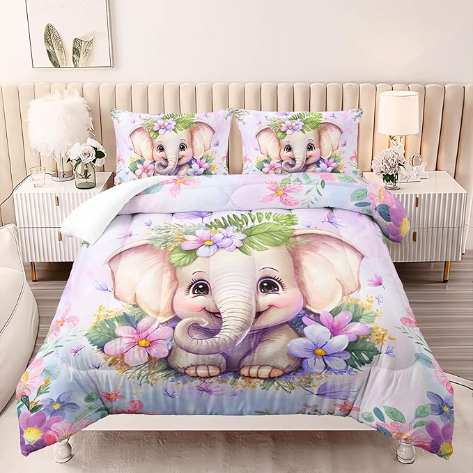 Elephant Flowers Comforter 3pcs Twin Wild Animals Pink Purple Kawaii Butterfly Bedding Kids Comforter Set for Boys Girls Cute Pattern Quilt Bed Set with 1 Comforter and 2 Pillowcases