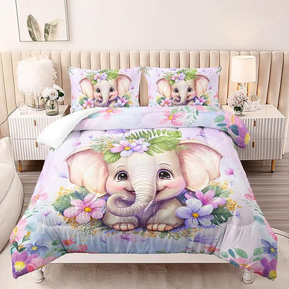 Elephant Flowers Comforter 3pcs Queen Wild Animals Pink Purple Kawaii Butterfly Bedding Kids Comforter Set for Boys Girls Cute Pattern Quilt Bed Set with 1 Comforter and 2 Pillowcases