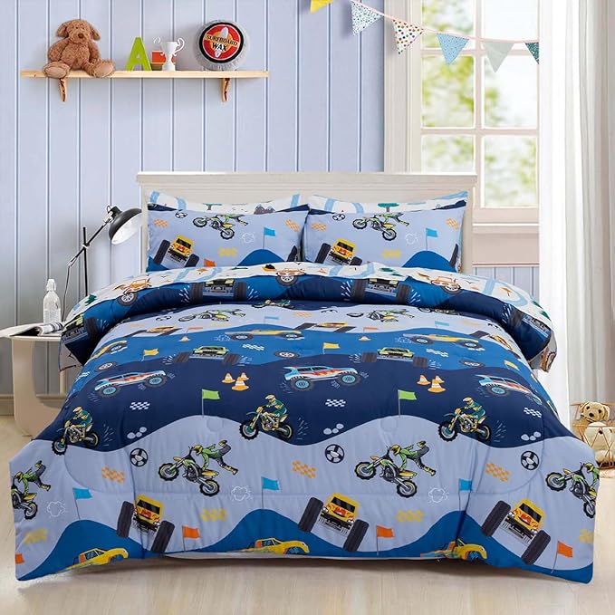 Holawakaka Trucks Tractors Cars Boys 5-Piece Bedding Comforter Sheet Set,Twin Size Cartoon Construction Car Excavator Print Kids Bed in A Bag, Excavator Mixer Truck Printed Bed Sets(Light Blue Twin)