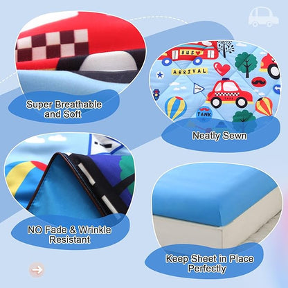 Wowelife Car Toddler Bedding Sets for Boys Blue, Premium 4 Piece Car Toddler Bed Sets for Boys, Super Soft and Comfortable for Toddler, Crib Bed 28 x 52 Inch, Transportation