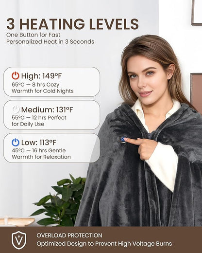 Cordless Heated Blanket with Hood, USB Battery Powered Heated Wearable Blanket with 9 Heating Zones, 20000 mAh Power Bank, 3 Levels, Portable Heated Throw Blanket, Heated Shawl