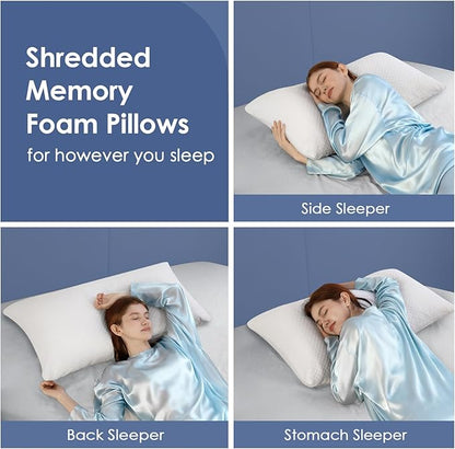 Firm Shredded Memory Foam Pillows King Size Set of 2, Cooling Bed Pillow w/Adjustable Loft for Side, Back, and Stomach Sleepers, Removable Washable Bamboo Rayon Cover, CertiPUR-US Certified Foam