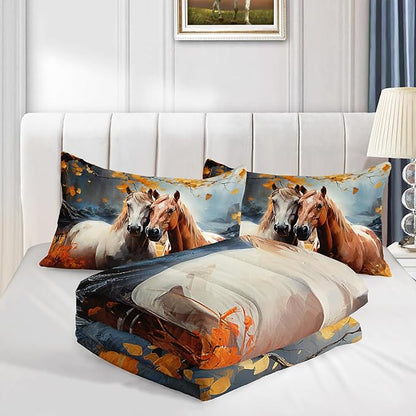 White Brown Horses Comforter Set King Size,Watercolor Painting Autumn Leaves Bedding Set for Kids and Adults Bedroom Horse Decor,Natural Scenery Aesthetics Comforter Set with 2 Pillowcases.