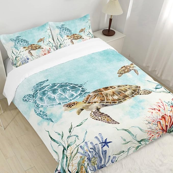CVHOUSE Sea Turtle Duvet Cover Queen Size,Ocean Watercolor Bedding Set for Kids Teens,Beach Comforter Cover,1 2 Pillowcases 3 Piece Queen 89'x89'