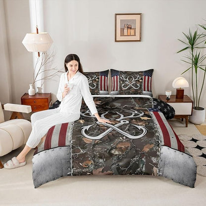 Deer Antler Fishing Comforter Set Twin Size,Boys Vintage American Flag Bedding Set for Kids Teens Men Room Decor Brown Jungle Branches Camo Quilted Duvet Adventure Hunting Duvet Insert 2pcs