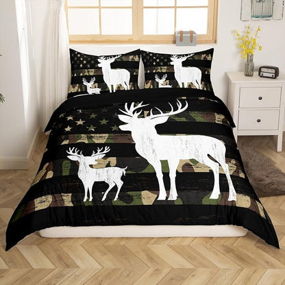 Camo American Flag Duvet Cover Queen Size, Brown Deer and Trees Silhouette Natural Style Bedding Comforter with 2 Pillowcases, 3pcs National Flag Camouflage Bedding Set for Children Adult