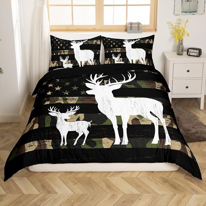 Camouflage USA Flag Bedding Comforter King Size, Brown Camo Deer Antlers and Trees Print Natural Duvet Cover for Girls Teens Man Present, American Flag Soft Bedding Set with 2 Pillowcases