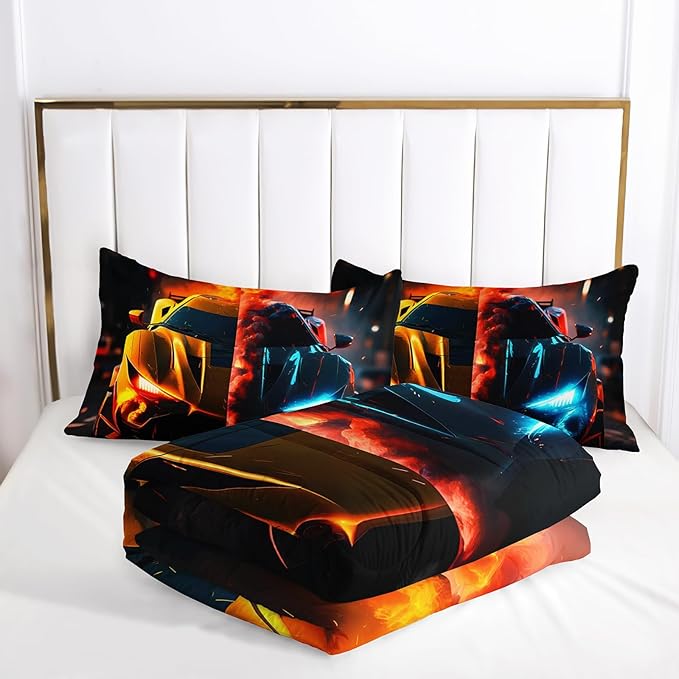 Boys Comforter Set Full Size Race Car，Kids Full Size Blue and Red Race Car Bedding Set，Race Car Quilt Full with 1 Comforter with 2 Pillow Case，Kids Race Car Themed Bedroom Decor for Boys
