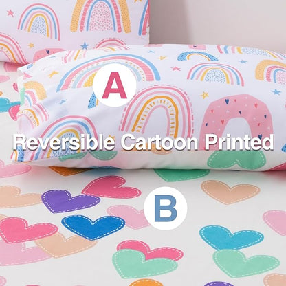 A Nice Night Lightweight Soft Cartoon Rainbow 6Pcs Twin Comforter Sets, Love Hearts Printed Bedding Set for Boys Girls,White