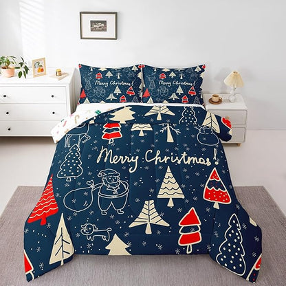 Erosebridal Cartoon Snowman Deer Comforter Set for Kids Boys Girls,Xmas Pine Tree Bedding,Merry Christmas Comforter Sets,Winter Festivals Duvet Insert with 1 Pillowcase Lightweight,Twin
