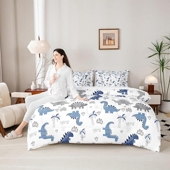Feelyou Cute Dinosaur 7 Piece Bedding Set Blue Grey Dinosaur Comforter Set with Sheets for Kids Boys Girls Nutrue Palm Tree Bed in a Bag Animal Theme Bed Set Soft Lightweight