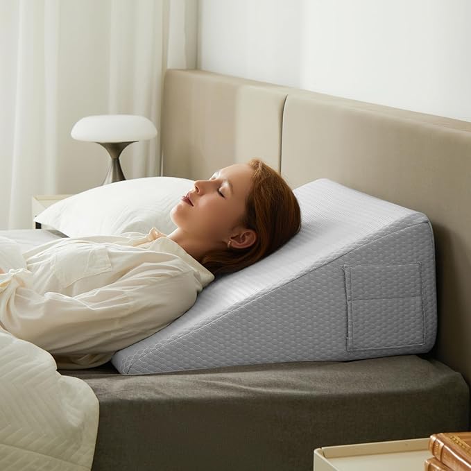 Bedluxe Wedge Pillow, 10 inch Bed Wedge Pillow for Headboard, Pillow Wedge for Acid Reflux Relief, Sleeping, After Surgery, Snoring, Gerd, Triangle Pillow Wedge - Cooling Memory Foam Top, Light Grey