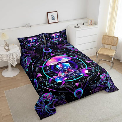 Trippy Mushroom Comforter Set King Size,Gymnastics Yoga Theme Bedding Set 3pcs,Kids Girls Adult Room Decor,Exotic Neon Purple Stars Moon Quilt Set Geometric Colorful Lines Duvet Insert,2 Pillowcases