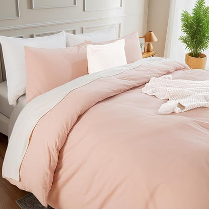 NEXHOME PRO Duvet Cover Set Oversized Queen 92"x98" Linen Look Textured Organic Natural 100% Washed Cotton 3 Pieces Bedding Set with Zipper Closure, Breathable, Dusty Pink (No Comforter)