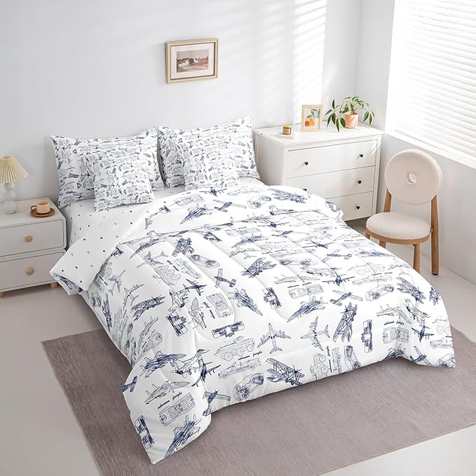 Aircraft Comforter Set With Sheets 7 piece Twin Size Kids Airplane Print Bedding Set Aircraft Flying Bed in a Bag Sketch Style Blue White Bed Set with Comforter,Sheets,Pillowcases,Cushion Covers