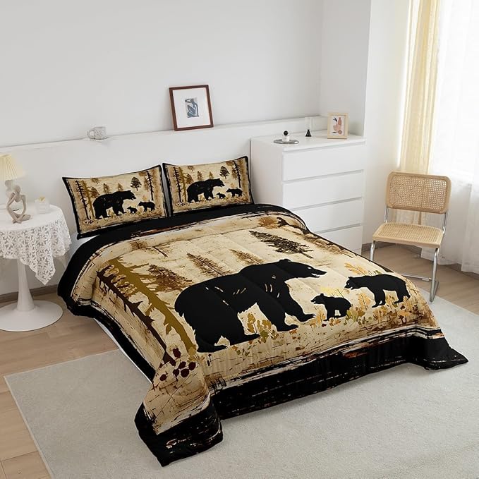Feelyou Bear Bedding Set for Kids Toddler King Size Black Bears Comforter Set Boys Girls Cabin Rustic Farmhouse Bedding Set Wildlife Duvet Set 3Pcs