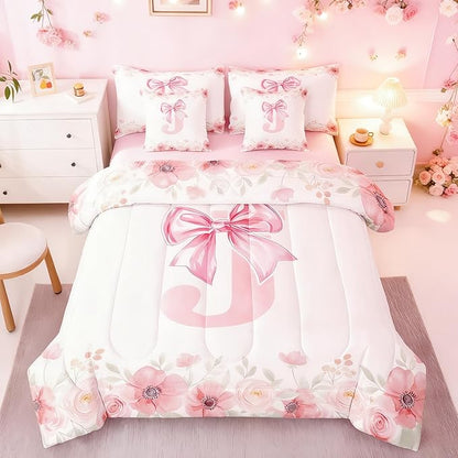 Erosebridal Pink Bowknot Full Bedding Sets for Girls,Initial Letter J Bed in A Bag for Kids Teen Women Room Decor, Romantic Flower Floral Bed Set Bedroom Decor Full Size 7-Piece