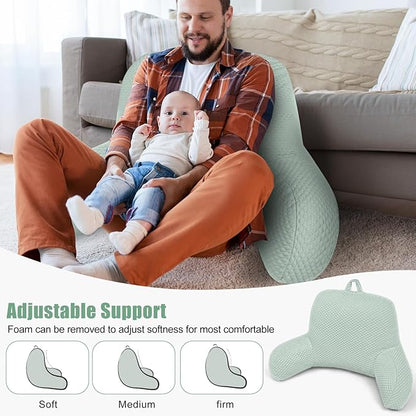 Reading Pillow, Silk Back Support Pillow for Bed Sitting Up, Large Bed Rest Pillow with Arms for Adults,Back Support for Couch and Chair, Green