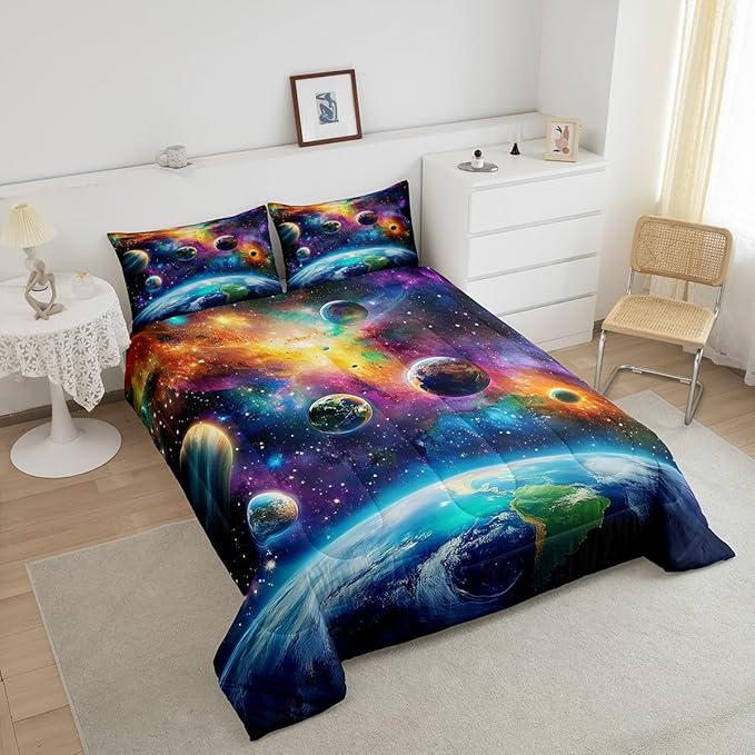 Feelyou Universe Galaxy Comforter Set King Size Kids Planets Earth Bedding Set Boy Girl Teen Solar System Comforter Breathable Outer Space Duvet Set Nebula Quilt Set