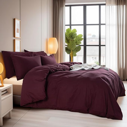 NEXHOME PRO Duvet Cover Set 100% Washed Cotton Super King 108"x98", Organic Natural Linen Look Textured 3 Pieces Bedding Set Burgundy Dark Red with Zipper Closure, Breathable (No Comforter)