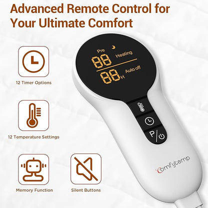 Comfytemp Heated Mattress Pad Twin Size, Foot Temp Diff Design & Preheat Function & Smart Downshift, Water-Resistant Bed Heater - 12 Heat & Timers Settings, Non-Slip Mattress Pads