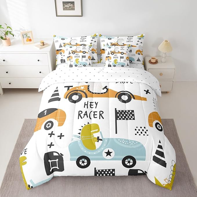 Feelyou Cartton Car Kids Comforter Set with Sheets 7 Piece Queen Size Racing Sports Game Bedding Set Decor Cute Dinosaur Racer Bed in a Bag Gift for Racing Lover White Blue Bed Set Bedroom