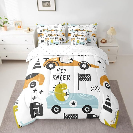Feelyou Cartton Car Kids Comforter Set with Sheets 7 Piece Queen Size Racing Sports Game Bedding Set Decor Cute Dinosaur Racer Bed in a Bag Gift for Racing Lover White Blue Bed Set Bedroom