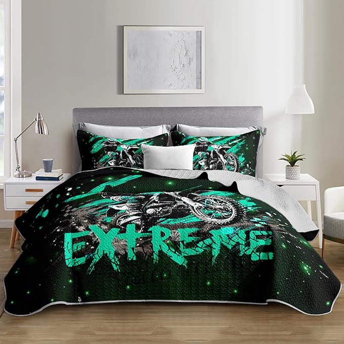 Motocross Dirt Bike Quilts Bedding Twin 3Pcs Motorcycle Racer Pattern Quilt Bed Set Extreme Sport Lightweight Soft Bedspreads Coverlet with 2 Pillowcases for Kid Boy Girl Teen Adult Room Decor