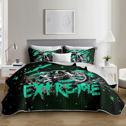 Motocross Dirt Bike Quilts Bedding Queen 3Pcs Motorcycle Racer Pattern Quilt Bed Set Extreme Sport Lightweight Soft Bedspreads Coverlet with 2 Pillowcases for Kid Boy Girl Teen Adult Room Decor