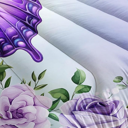 Beautiful Butterfly Bedding Comforter Set Queen Size,Blossoming Flowers Pattern Bedding Set for Kids Girls Toddlers Room Decor,Nature Insect Themed Bed Comforter Sets with 2 Pillowcases.