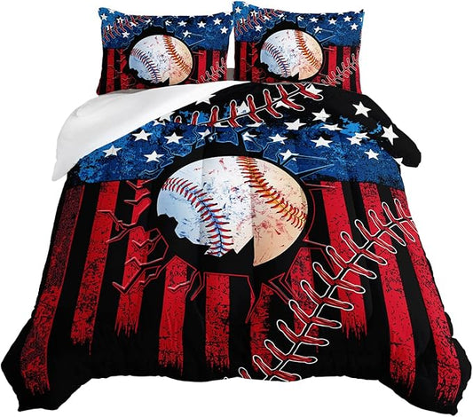 HOSIMA Baseball Comforter Set,Sports Comforter Sets for Boys Kids Teens Bedroom Decor,American Flag Comforter and Baseball Print Bedding Set with 2 Pillowcases,Twin Comforter Set.