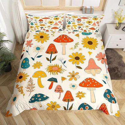 Castle Fairy Retro Mushroom Flowers Bedding Set,70s 60s Groovy Duvet Cover for Bedroom Present,Vintage Boho Plant Floral Microfiber Comforter with 2 Pillowcases, Queen 90''x90''