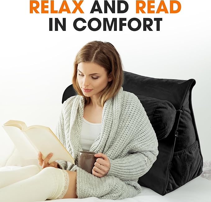 Cheer Collection Reading Wedge Pillow – TV Pillow with Adjustable Bolster Pillow, Memory Foam Back Support for Couch & Bed, Pillow Chair for Bed, Reading Pillows for Adults & Kids, XL, Black