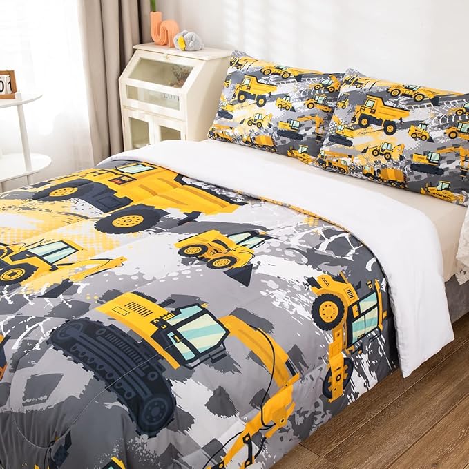 Feelyou Kids Construction Comforter Set Queen Size Bedding Sets for Boys Toddler Children Cartoon Excavator Tractor Comforter Set Construction Machinery Truck Duvet Set Baby Boys Vehicles Cars Bed Set