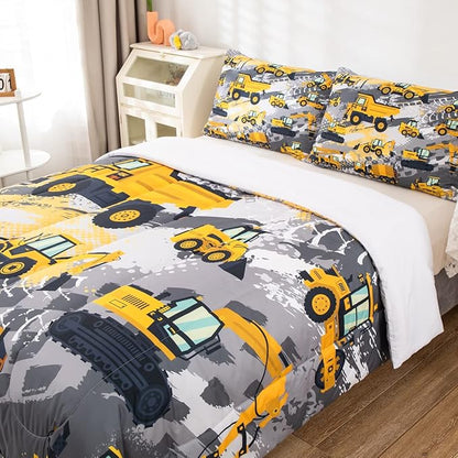 Feelyou Kids Construction Comforter Set Queen Size Bedding Sets for Boys Toddler Children Cartoon Excavator Tractor Comforter Set Construction Machinery Truck Duvet Set Baby Boys Vehicles Cars Bed Set