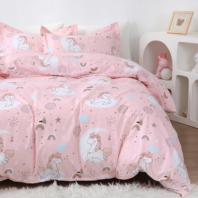 JSD Pink Unicorn Kids Duvet Cover Set Full Size, 3 Piece Girls Printed Microfiber Bedding Comforter Cover with Pillow Shams Zipper Closure, Comforter Not Included