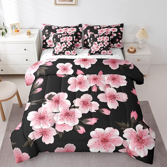 Feelyou Cherry Blossom Bed in a Bag Full Size Japanese Floral 7 Piece Bedding Set for Kids Girls Teens Toddler Pink Flower Comforter Set with Sheets Romantic Bed Set