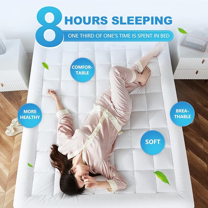 Twin XL Mattress Pad Cover Pillow Top with Stretches to 18” Deep Pocket Fits Up to 8”-21” Cooling White Bed Topper (Down Alternative, Twin XL Size)