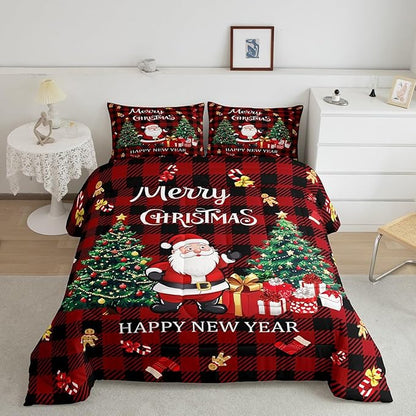 Merry Christmas Comforter Set,Xmas Santa Claus Christmas Tree Bedding Set for Kids Boys Girls,Red Gingerbread Stocking Duvet Insert,Vintage Gird Holiday Down Comforter with 2 Pillowcases,Queen