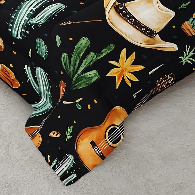 Western Cowboy Hats Musical Guitar Comforter 3Pcs Twin Wild Cactus Flowers Bedding Set for Kid Teen Girl Boy Adult Nature Botanical Floral Quilt Bed Decor with 1 Comforter and 2 Pillowcases