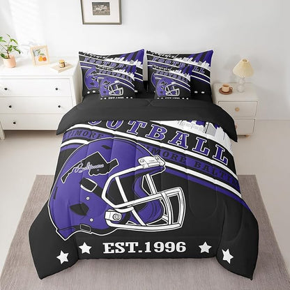 Erosebridal 3D Football Helmets Kids Comforter Set King Size Sports City Bedding, Rugby Decor Football Seasonal Comforter + Flat Sheet + Fitted Sheet + 2 Pillowcases + 2 Throw Pillow Covers
